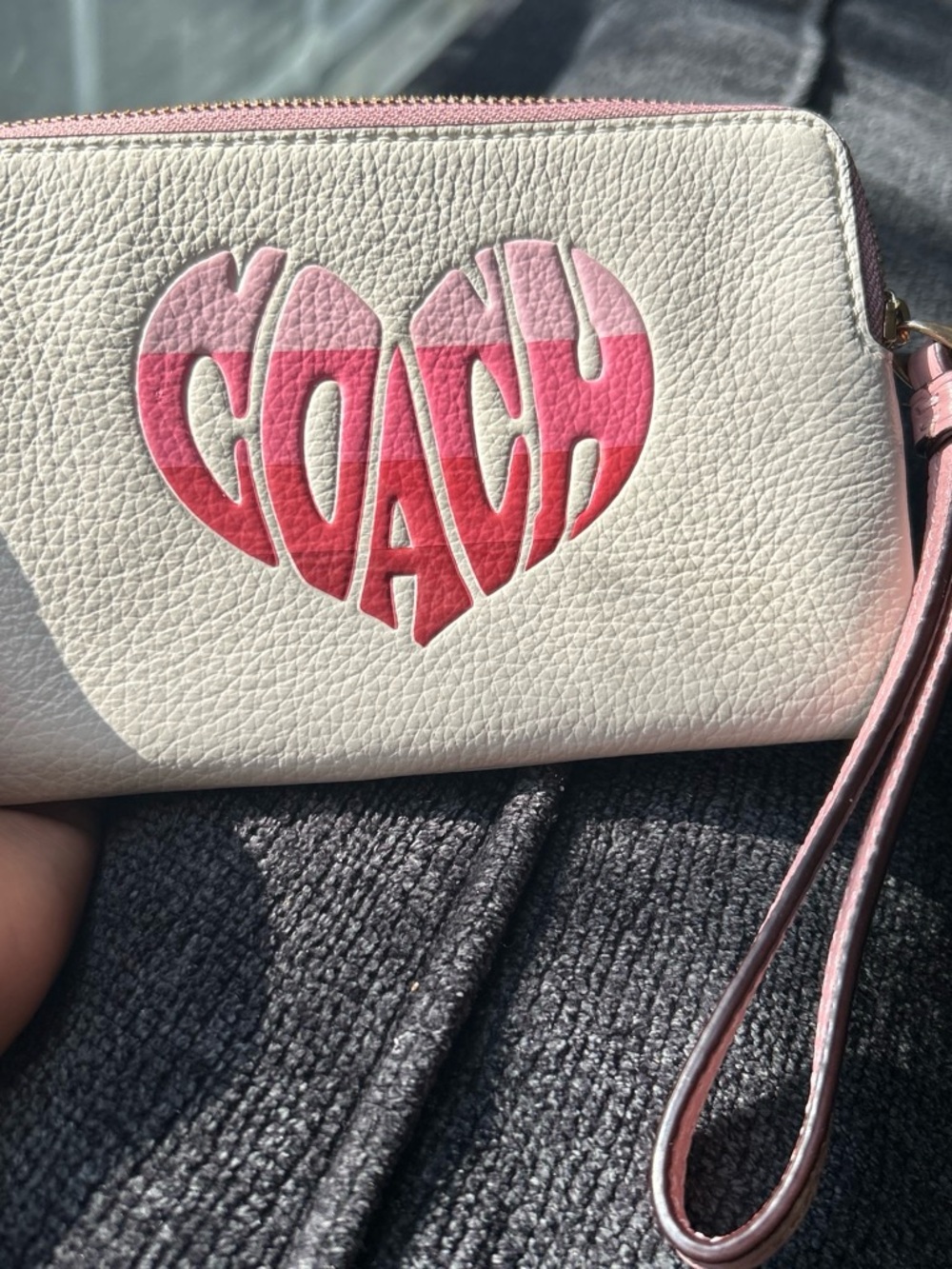 Coach White Pebbled Leather Wristlet with Pink Ombre Heart Logo